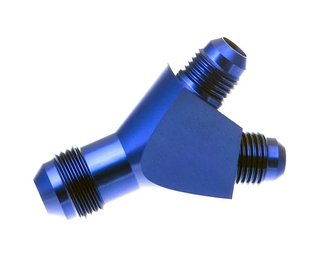 930-06-06-1 – REDHORSE Adapter Fitting, -6 AN Male To Dual -6 AN Male Anodized Blue Aluminum Single